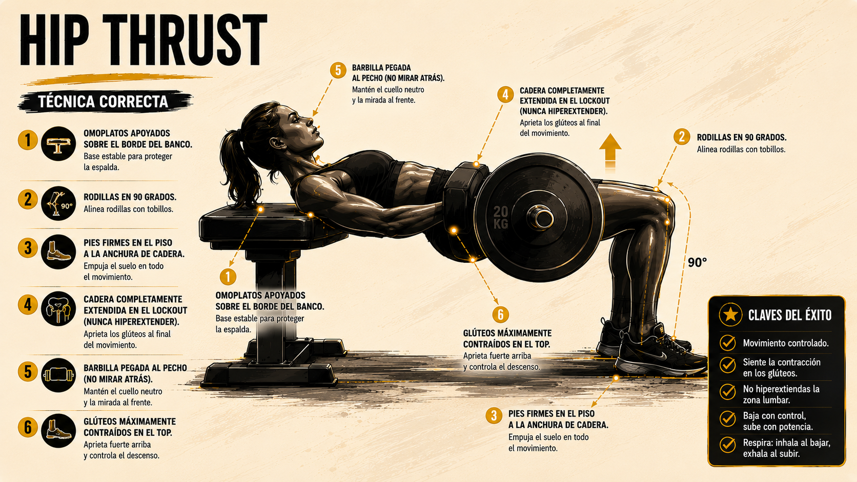 Diagrama biomecánico del hip thrust — posición de lockout y alineación corporal